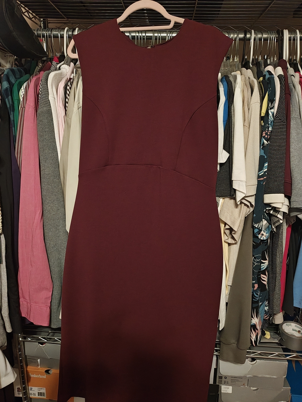 Express Sleeveless Midi Sheath Dress in Burgundy